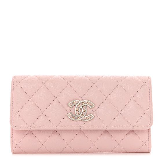 Caviar Quilted Crystal CC Large Gusset Flap Wallet Pink | FASHIONPHILE (US)