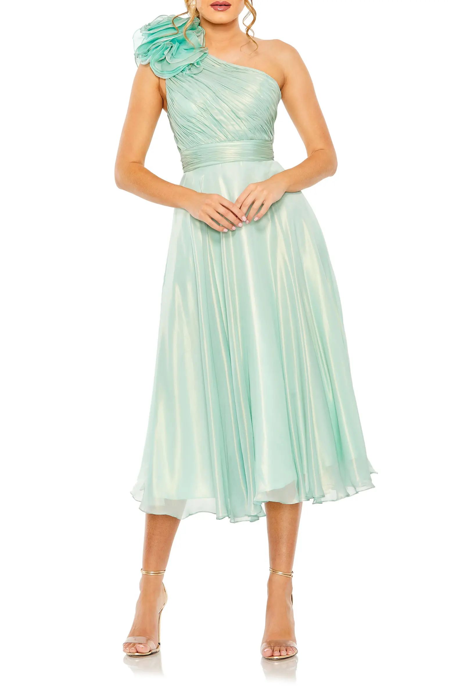 Rosette One-Shoulder Iridescent A-Line Dress | Nordstrom