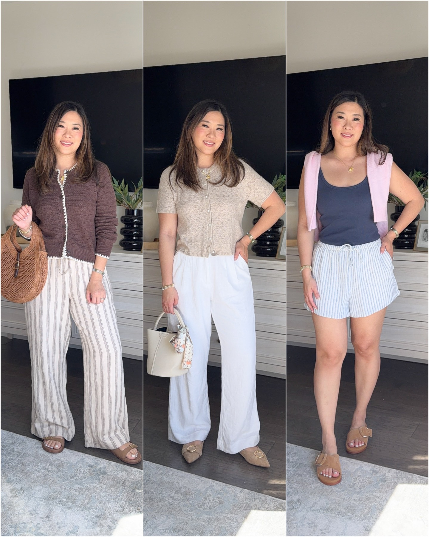 Abercrombie Chic Spring Outfits // currently 25% off w code!
Brown Cardigan: Large
Striped Linen Pants: Medium Short
Short Sleeve Cardigan: Medium
White Linen Pants: 28S
Bra Free Tank: Medium (wish I did Small)
Linen Shorts: Medium
Pink Cardigan: Large