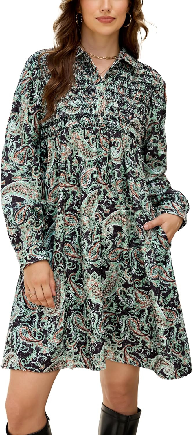 Women's Corduroy Floral Long Sleeve Babydoll Collared Mini Dress | Amazon (US)