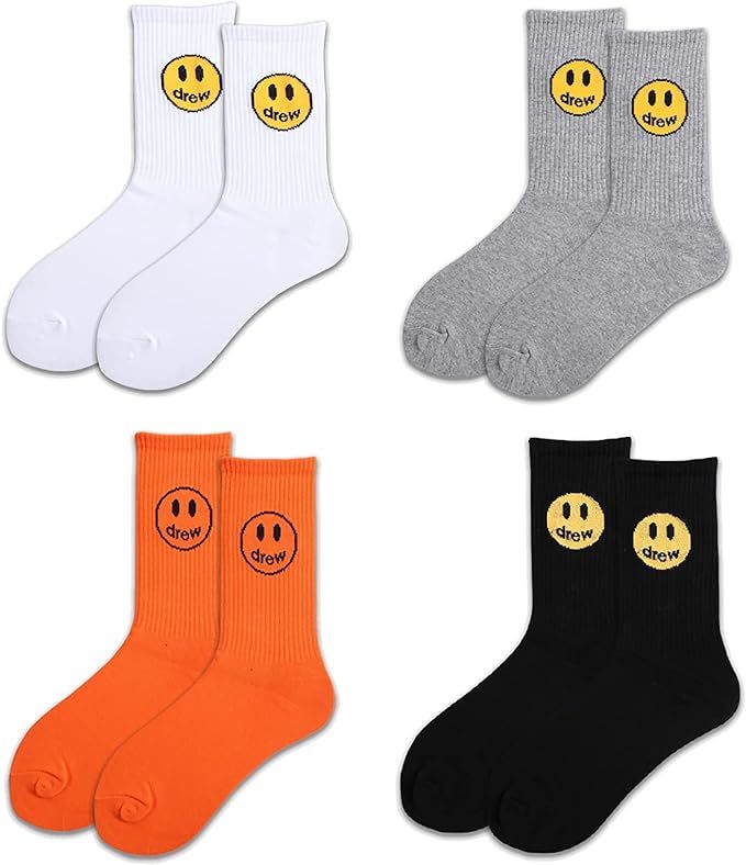 Drew House Socks Smiley Face 4 Pair Fashion Athletic Socks Adult Casual Couples Crew Hip Hop Sock... | Amazon (US)