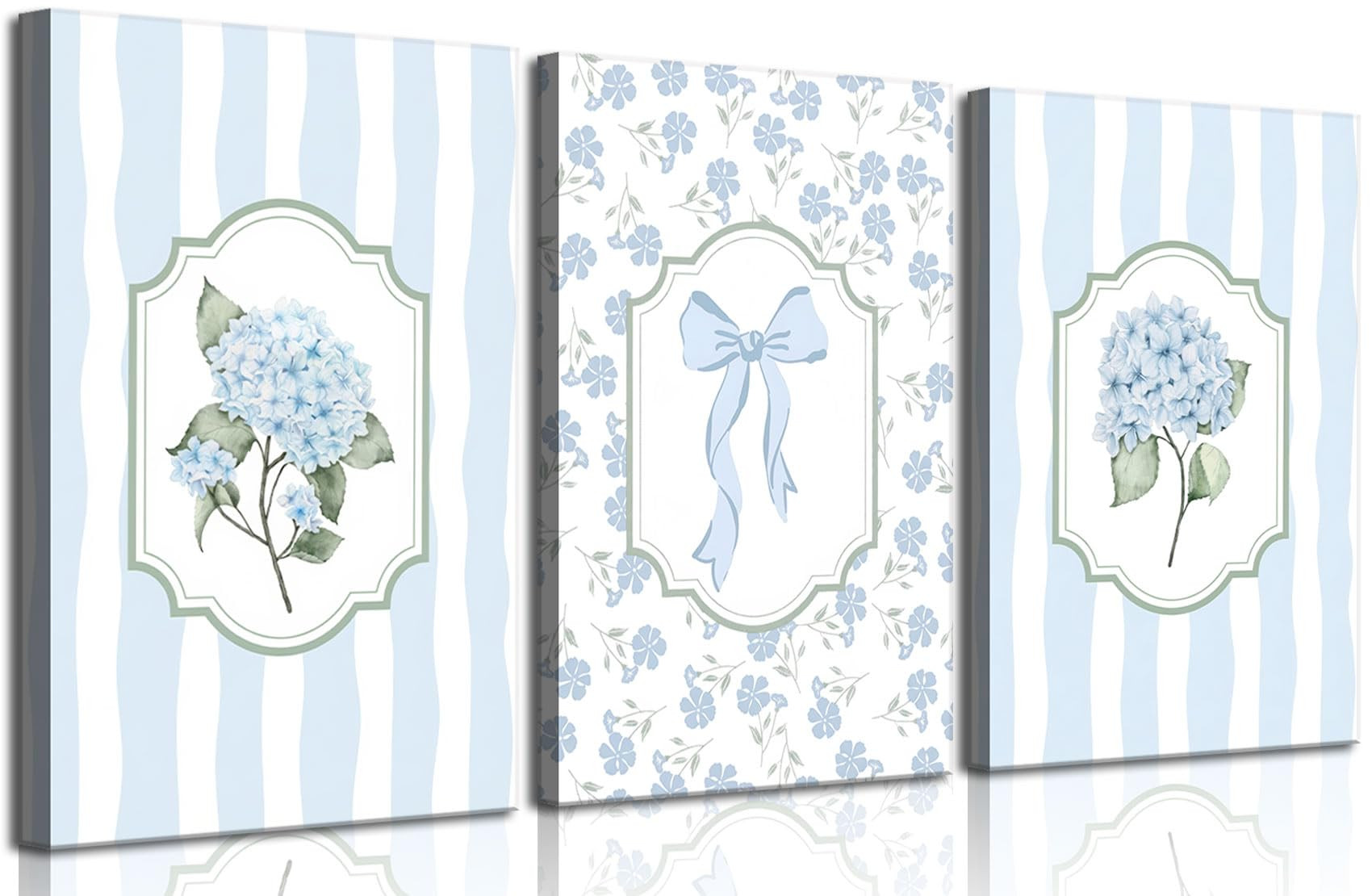 3Pcs Blue Hydrangea Canvas Wall Art Trendy Light Blue Striped Watercolor Bow Coquette Pictures Wa... | Amazon (US)