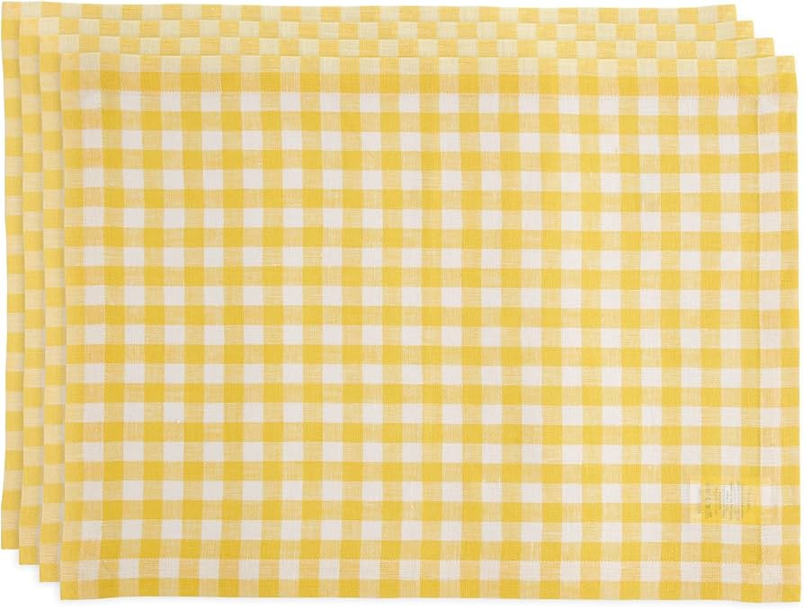 Solino Home Linen Marigold Yellow Gingham Placemats – 100% Pure Linen Cloth Fabric Placemats Se... | Amazon (US)