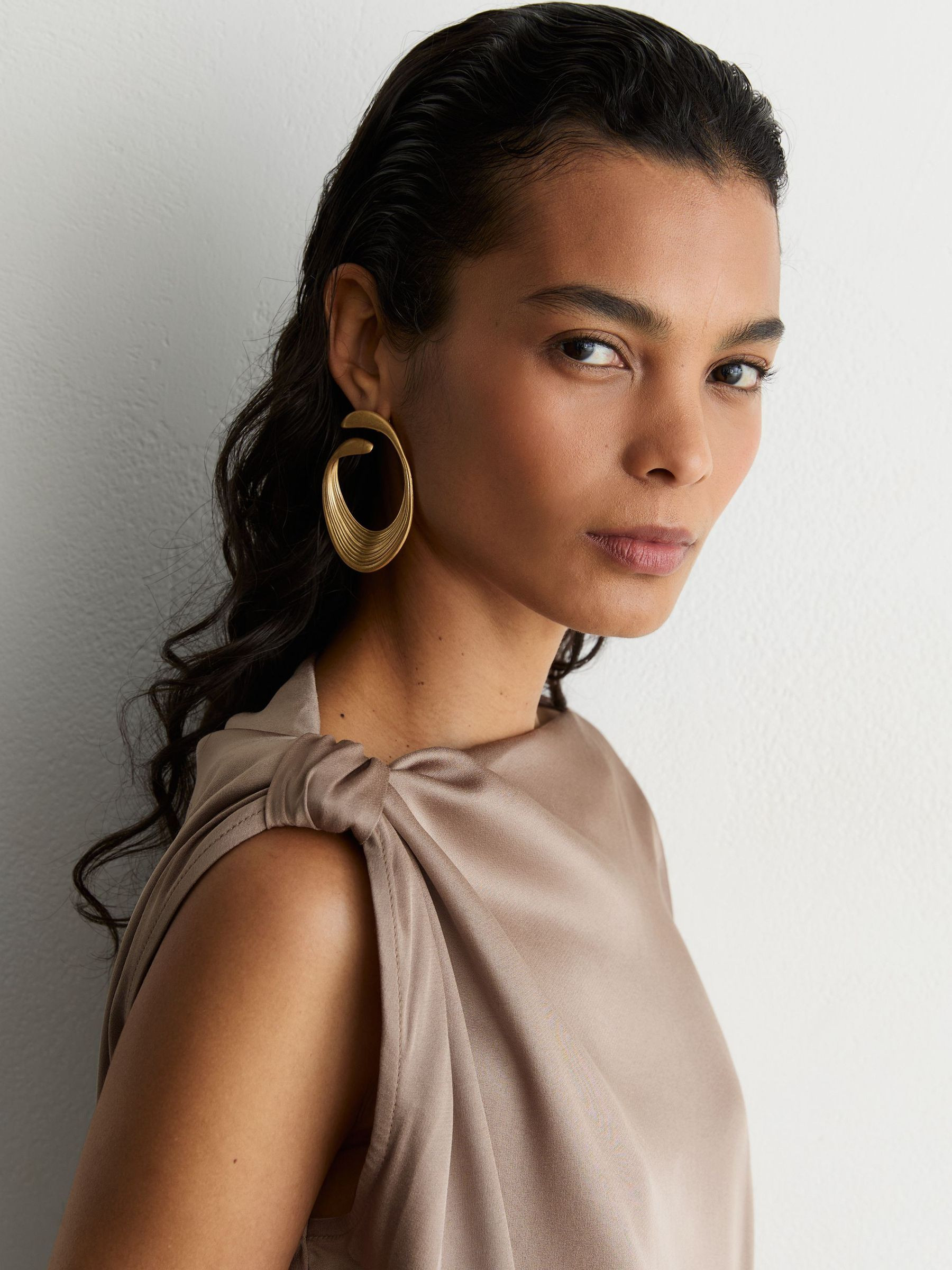 Reiss Satin Draped One-Shoulder Top in Champagne Neutral | REISS | Reiss US