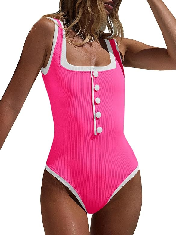 Saodimallsu Womens One Piece Swimsuit Vintage Ribbed Slimming High Cut Color Block Button Square ... | Amazon (US)