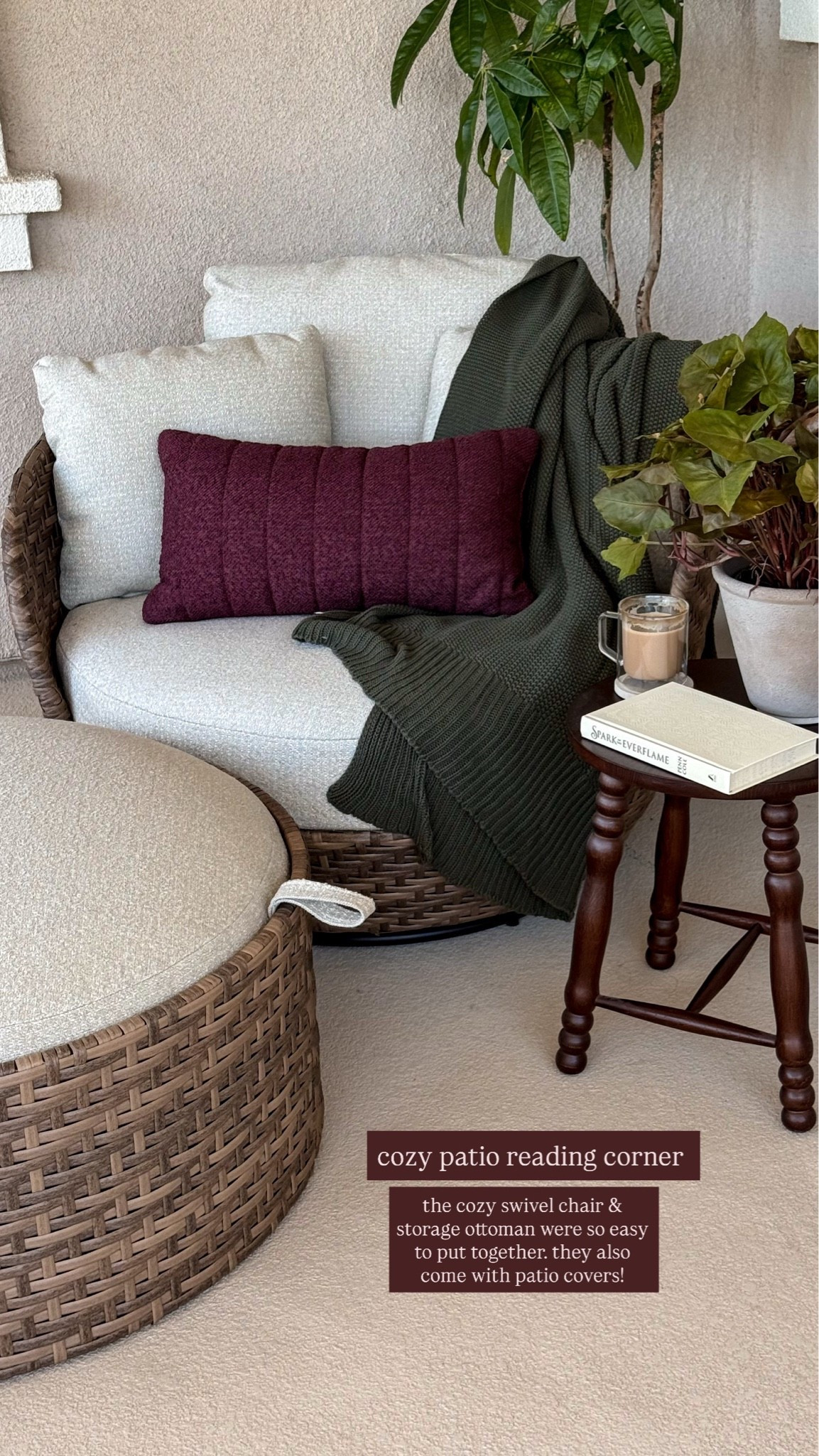my cozy patio reading corner! found these at walmart! the cozy lounge swivel chair is the perfect size to snuggle. the ottoman flips to a hard side coffee table or soft foot rest with storage! bonus they come with patio covers! normally you have to buy those separate!

#LTKSeasonal #LTKHome