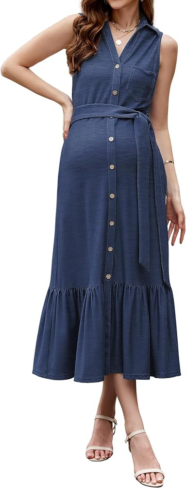 OUGES Womens 2025 Spring Maternity Dress Polo V Neck Sleeveless Ruffle Button Pregnancy Casual Wo... | Amazon (US)