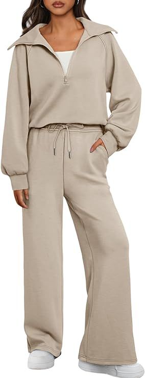 AUTOMET Womens 2 Piece Sweatsuits Loungewear Sets Quarter Zip Pullover Sweatshirts with Wide Leg ... | Amazon (US)