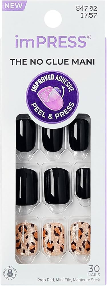 Kiss Impress No Glue Mani Press On Nails, Design, 'Romantique', Black, Short Size, Squoval Shape,... | Amazon (US)