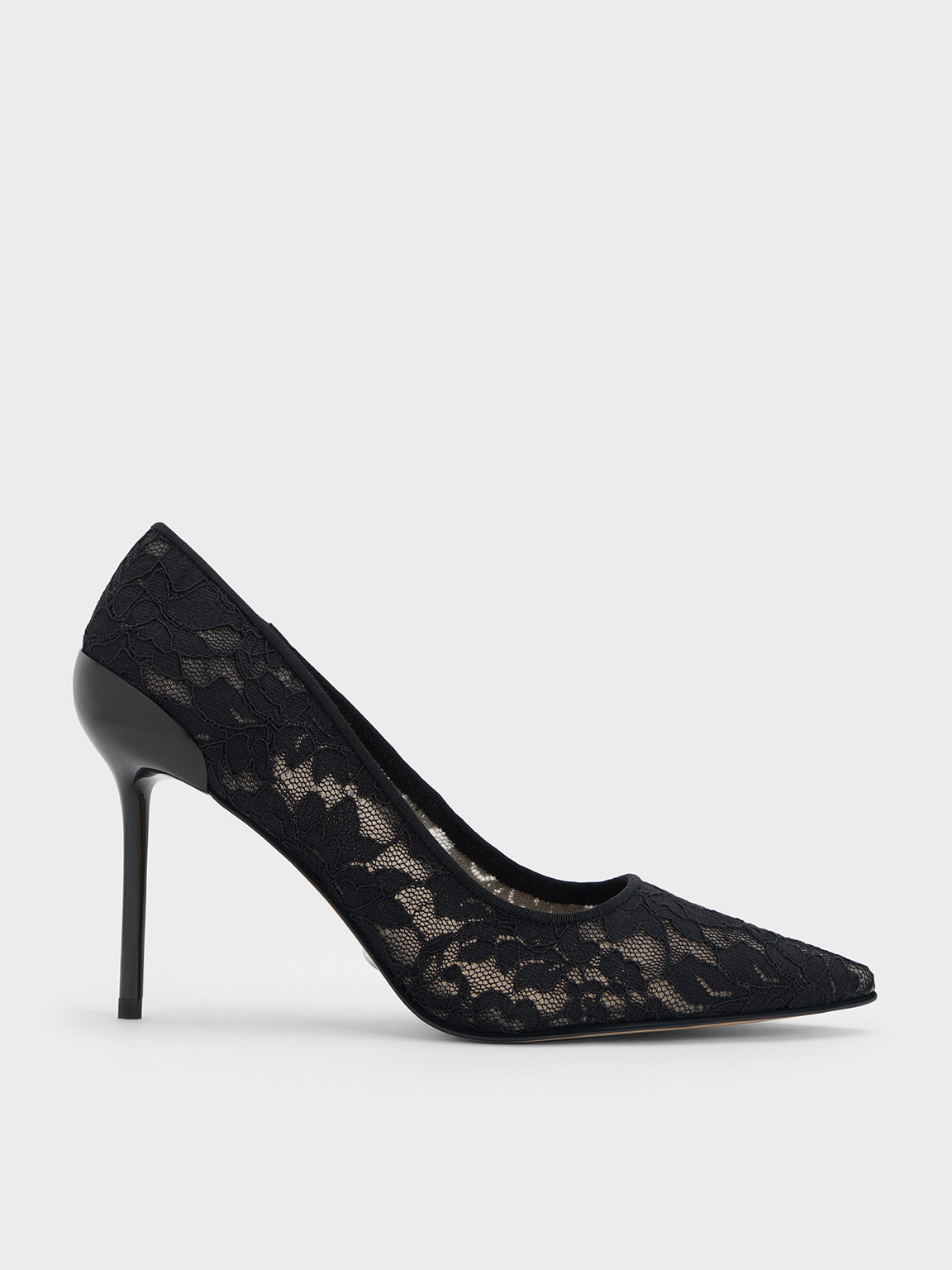 Black Textured Lace & Mesh Pointed-Toe Pumps | CHARLES & KEITH UK | Charles & Keith UK