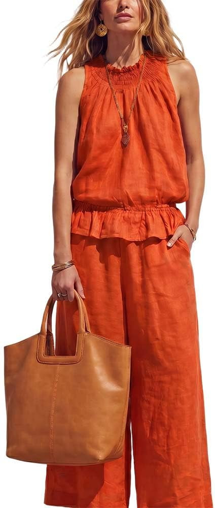 Linen Sets for Women 2 Piece Summer Outfits, Sleeveless Two Piece Sets for Women Summer Wide Leg ... | Amazon (US)