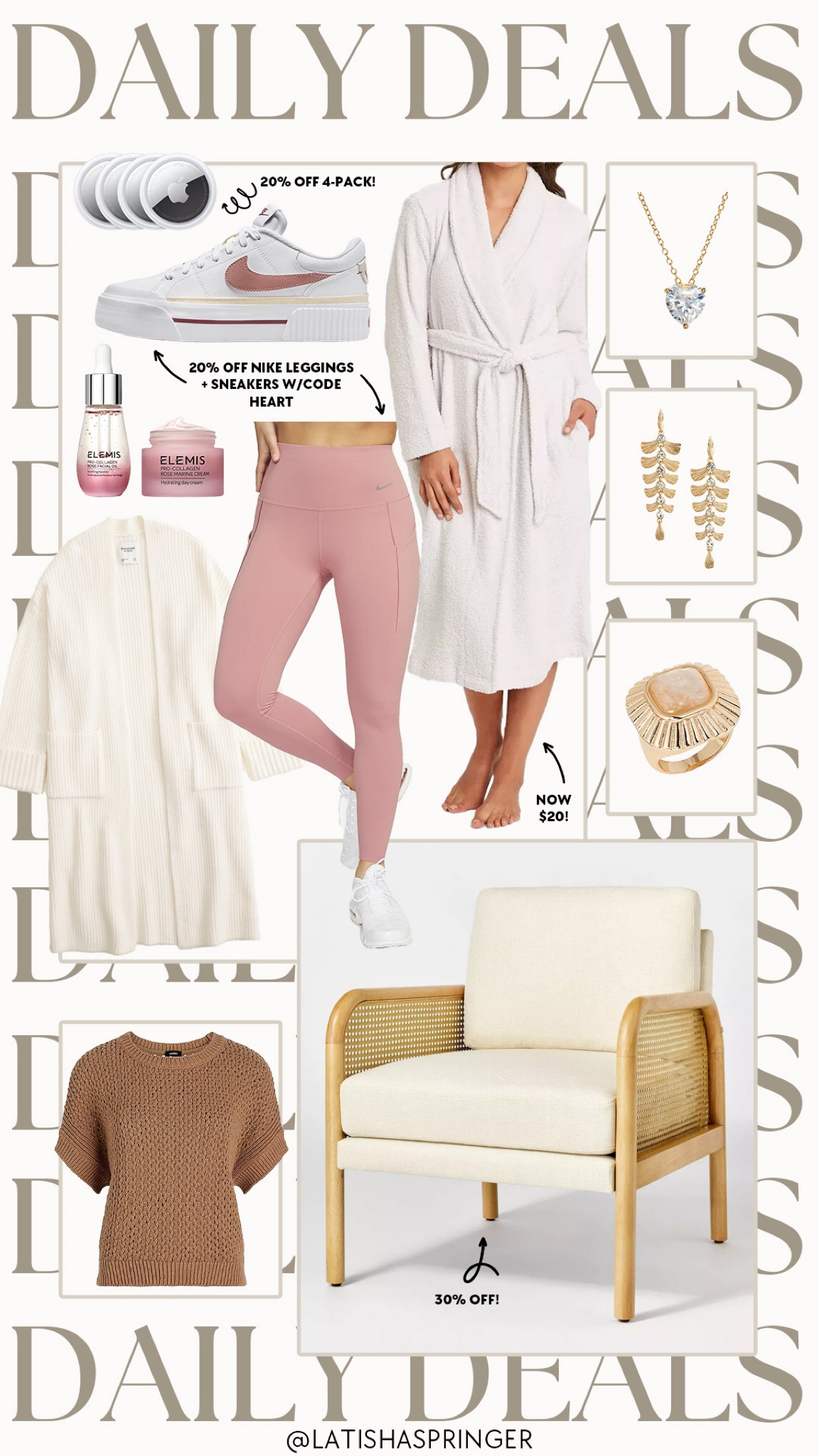 Daily deals! Abercrombie new arrivals on sale, 20% off Nike sneakers and Nike leggings, Target accent chair on sale and more! 

#dailydeals

Pink Nike leggings. Dainty gold earrings. Target finds. Target deals. Target rattan accent chair. Longline cardigan. Target robe. Elemis deal. Apple AirTags. 

#LTKSeasonal #LTKsalealert #LTKfindsunder100