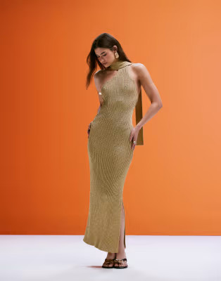 Aria Cove metallic knitted halterneck scarf detail side split maxi beach dress in gold | ASOS | ASOS (Global)