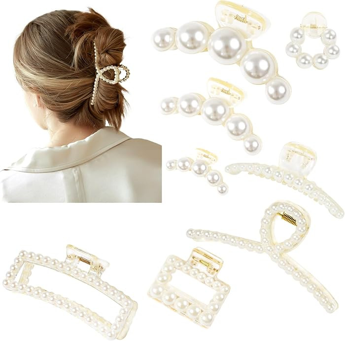 Pearl Hair Accessories for Women - 8PCS Claw Clips for Thick and Thin Hair, Barrettes for Styling... | Amazon (US)