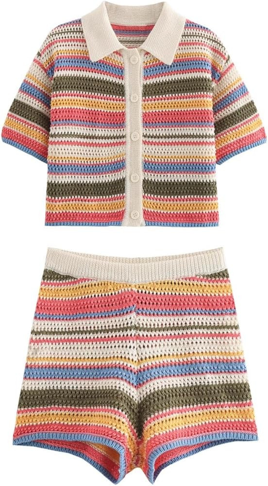 Womens Cropped Short Sleeve Polo Sweater Striped Button Up Collar Knit Tops Crochet T Shirt | Amazon (US)