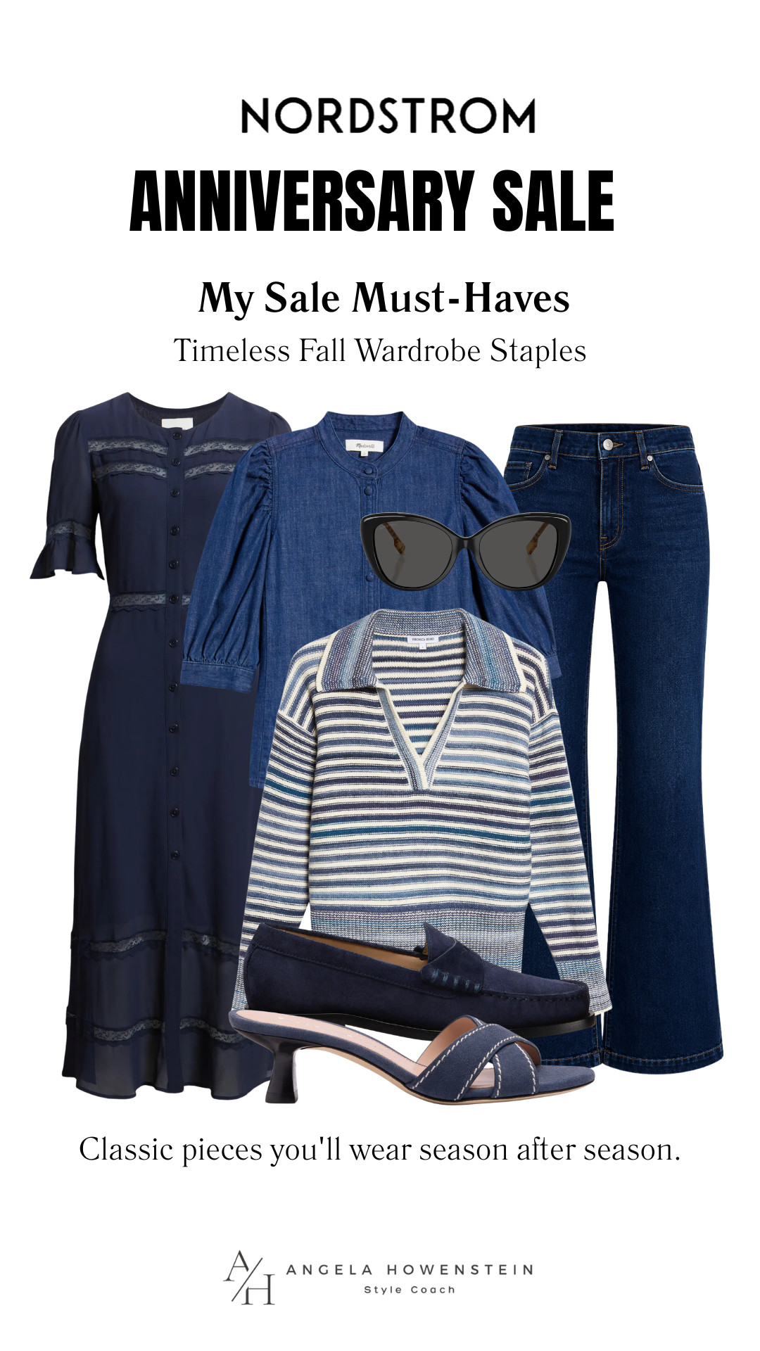 The Nordstrom Anniversary Sale is full of timeless wardrobe staples, and these are some of my favorite finds. From a feminine navy dress and denim top to classic wide-leg jeans, a striped sweater, suede loafers, and low heels, these are pieces you'll wear for years to come.

👩‍💻 LTK PRO TIPS
❤️ Heart = Support my posts ;-)
🔖 Save = Get sale & restock alerts for the things you love!
📋 Lists = Keep favorites organized (List ideas: Christmas, Birthdays, and Vacations!)
📲 Share = Send lists and products to a friend (or your daughters like me).
💬 Comment = Ask me anything, and I'll answer. ;-) 

 #LTKootd #LTKOver40 #LTKSaleAlert