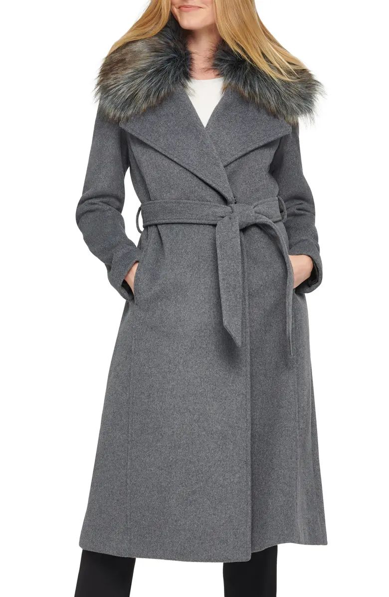 Karl Lagerfeld Paris Belted Wool Blend Coat with Faux Fur Trim | Nordstrom | Nordstrom
