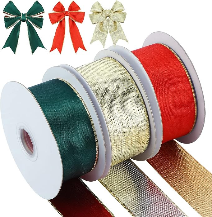 Geosar 3 Rolls 10 Yards x 2.5 Inch Double Faced Red Green Gold Satin Ribbon for Christmas Party G... | Amazon (US)