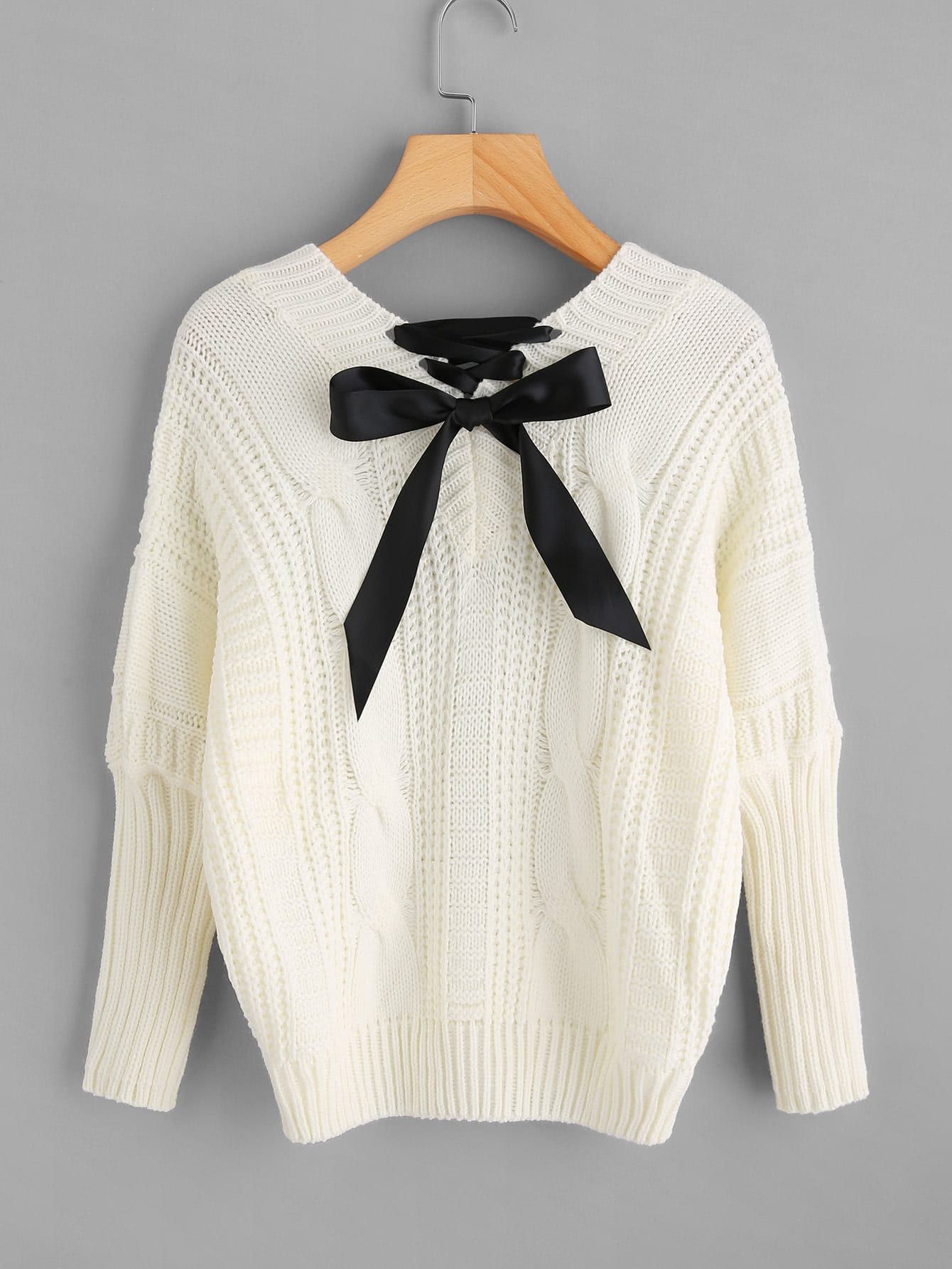 Lace Up Back Cable Knit Sweater | SHEIN