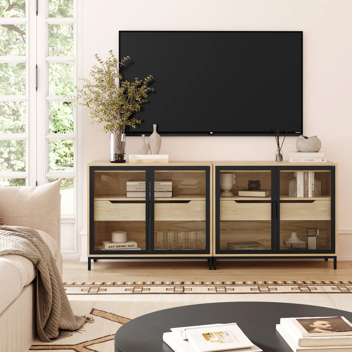 Glass TV Stand Console Cabinet with Doors for 55-65" TVs | Nathan James