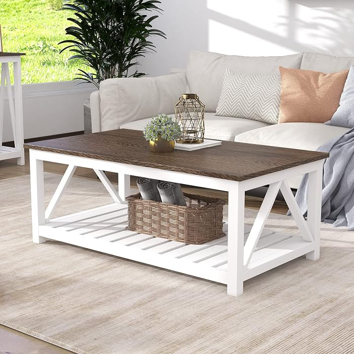 ChooChoo Farmhouse Coffee Table, Rustic Vintage Living Room Table with Shelf, 40 White | Amazon (US)