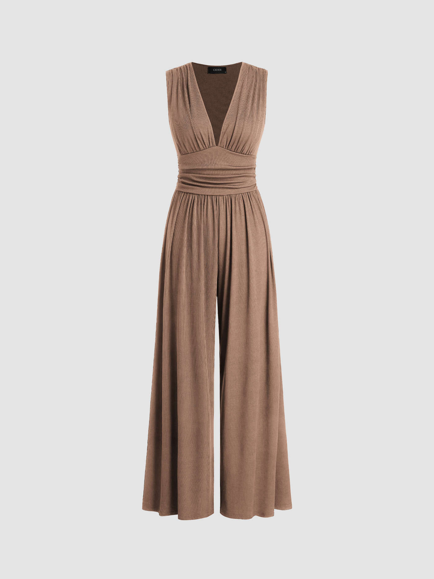 V-neck Ruched Solid Wide Leg Jumpsuit | Cider