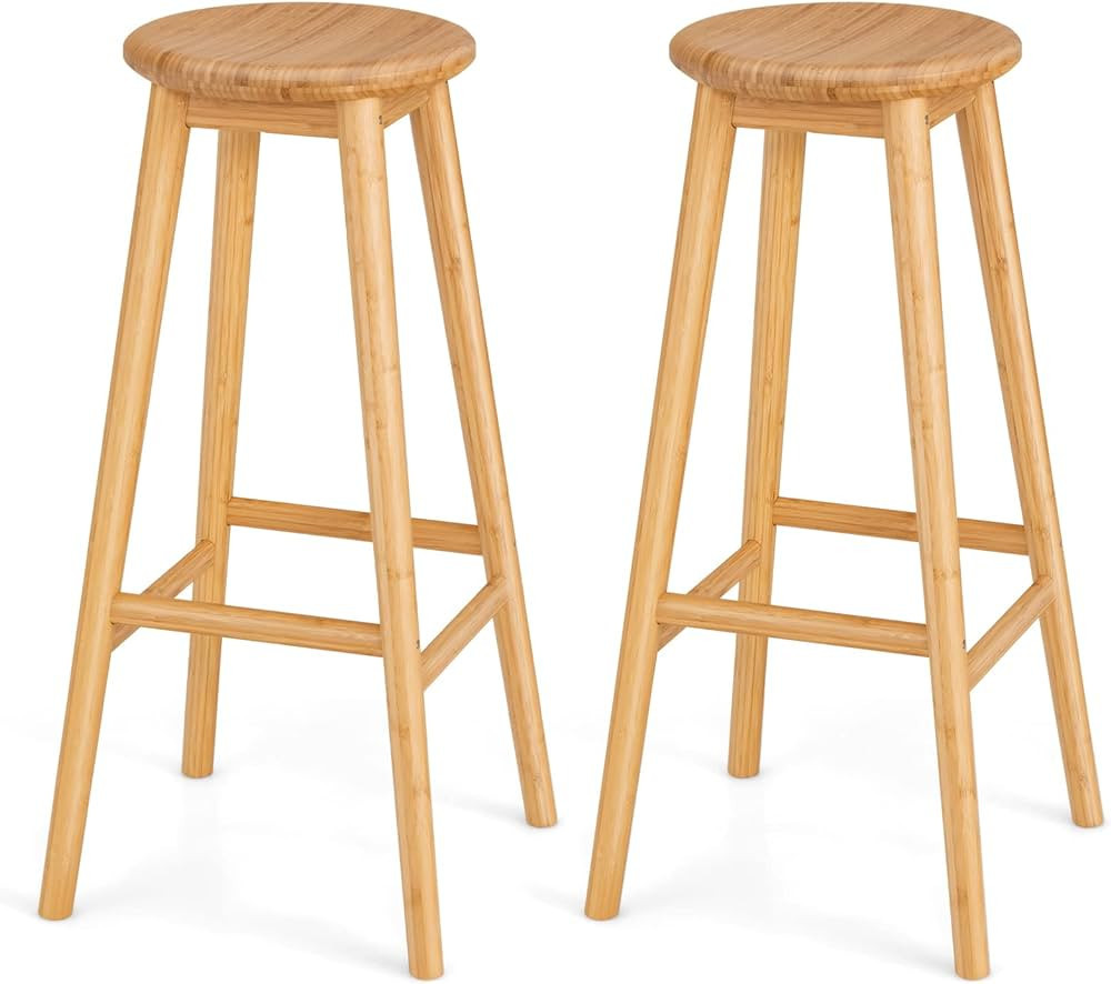 COSTWAY Bamboo Bar Stools Set of 2, 31-Inch Height Round Seat Breakfast Dining Chairs with Footre... | Amazon (US)
