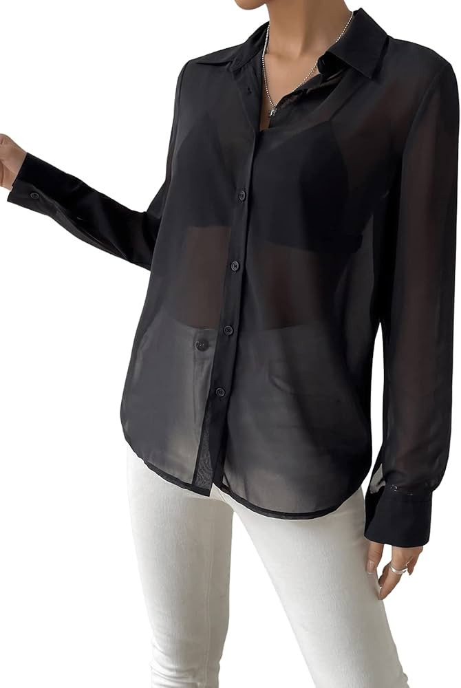 OYOANGLE Women's Mesh Sheer Long Sleeve Shirt Lightweight Button Down Blouse Top | Amazon (US)