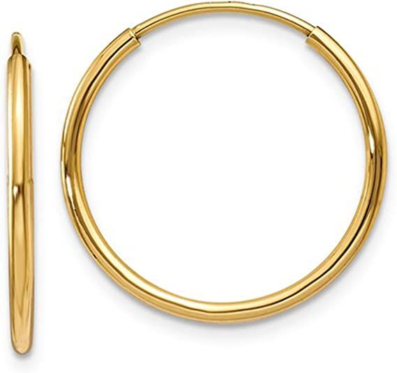 14k Yellow Gold Continuous Endless Hoop Earrings .55 to 2.28 Inches, 1.25mm Tube | Amazon (US)