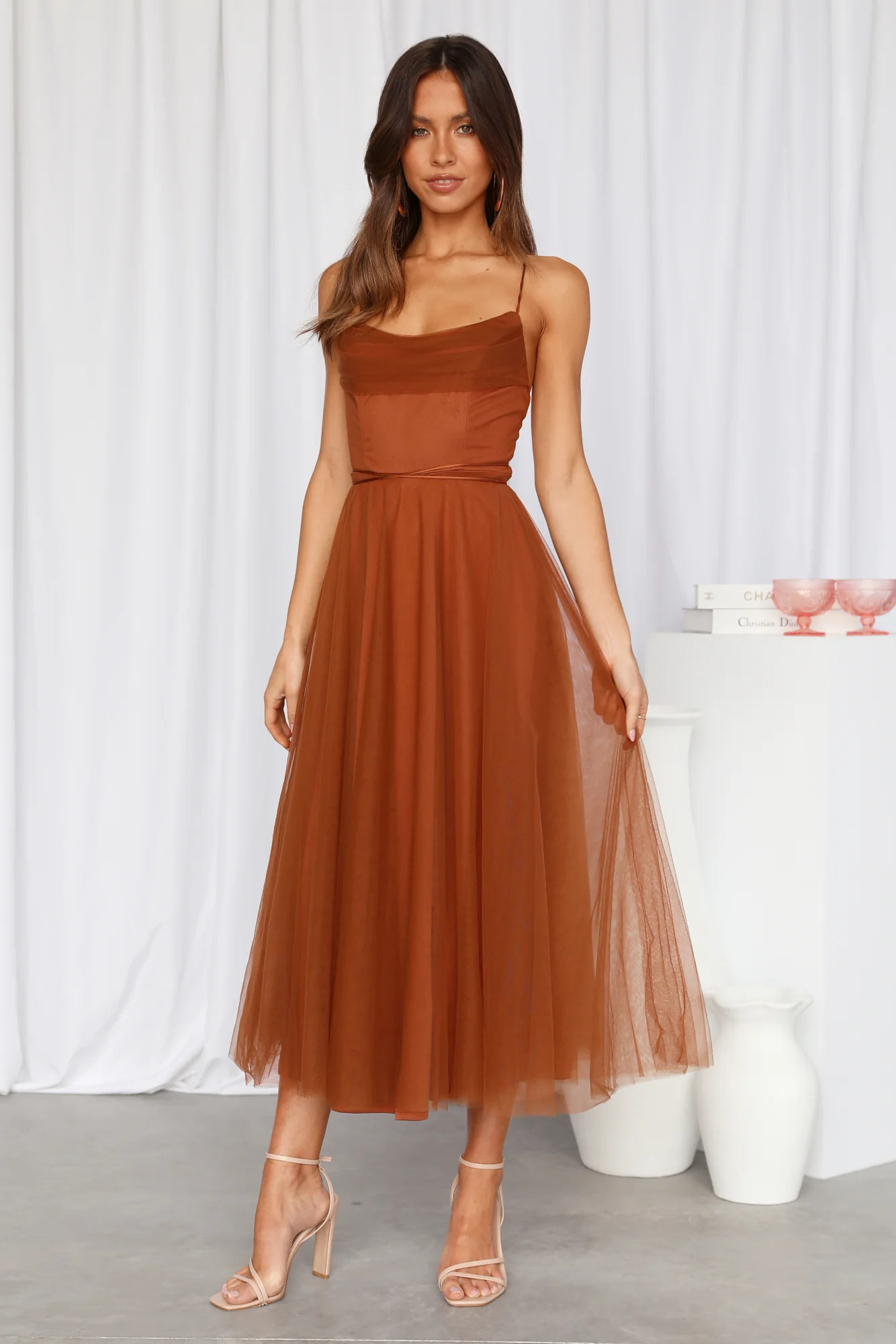 Signal My Way Tulle Midi Dress Chocolate | Hello Molly (US)