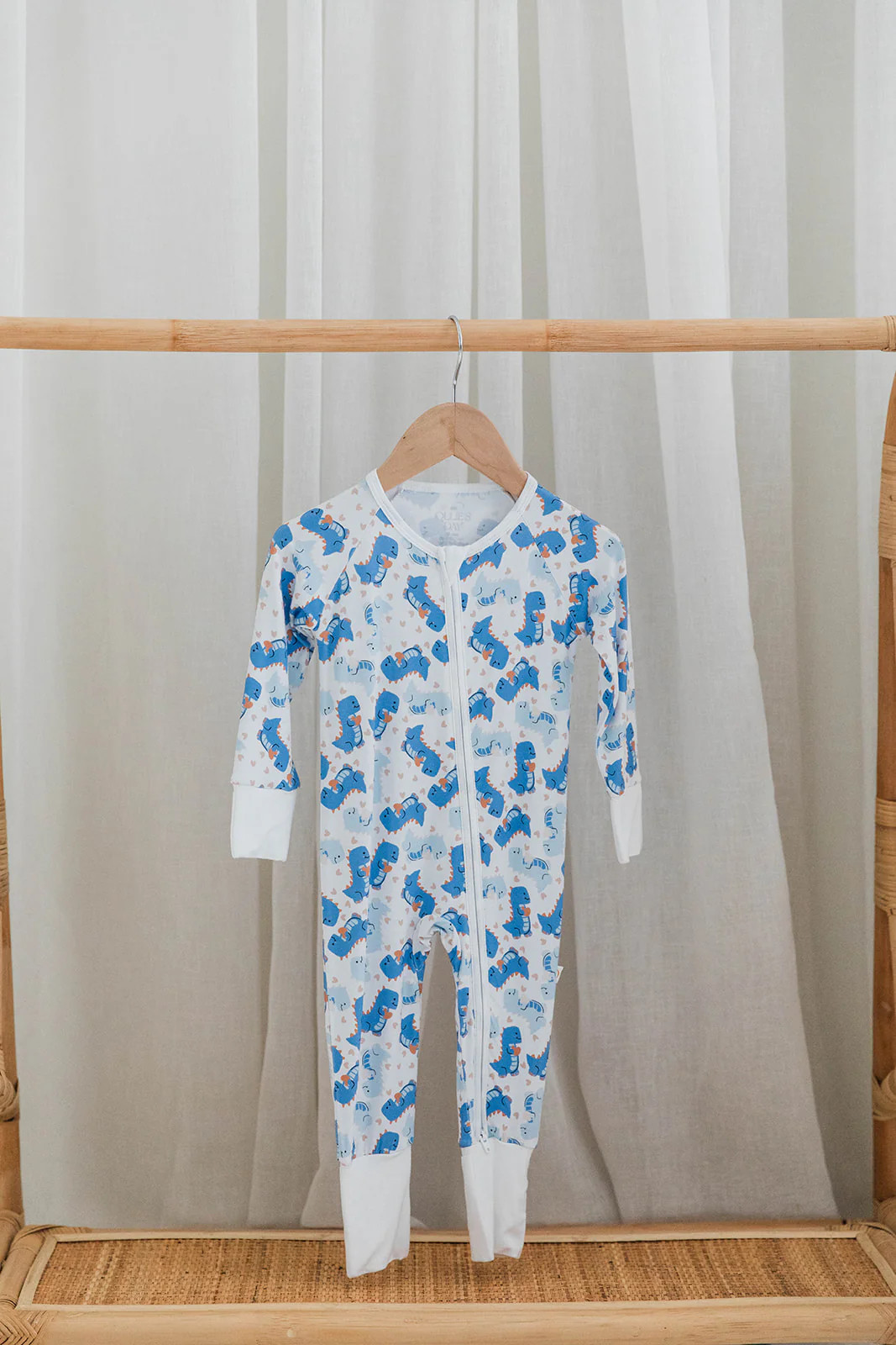 Valentine’s Dinosaur Zippered Romper in Blue & White | Cozy Baby & Toddler Loungewear | Ollie's Day