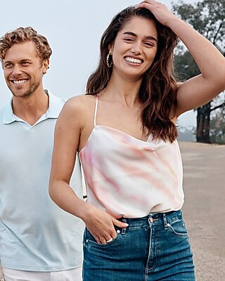 Conscious Edit Tie Dye Satin Racerback Cowl Neck Cami | Express