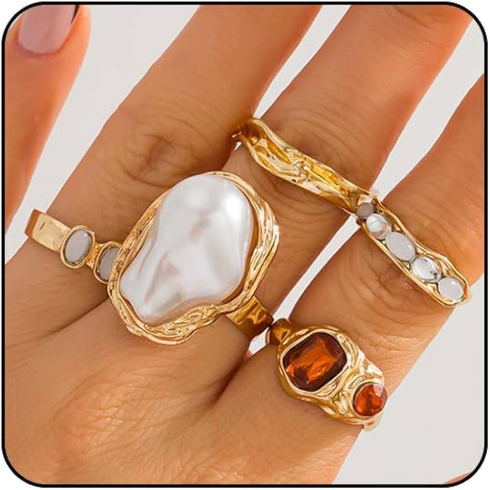 Chunky Gold Rings for Women Non Tarnish Statement Flower Ring Baroque Pearl Stackable Rings Set 6... | Amazon (US)
