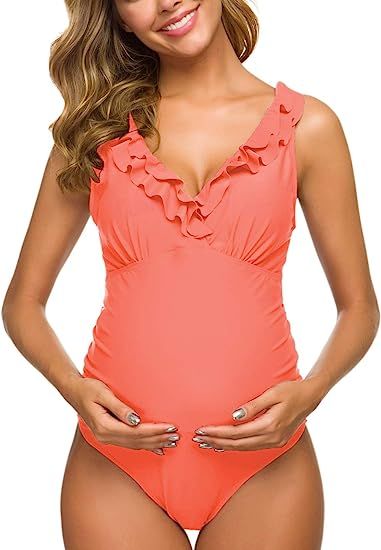 Tempotrek One Piece Maternity Swimsuits Ruffle Flounce Swimwear Falbala Monokini Deep V Neck Bath... | Amazon (US)