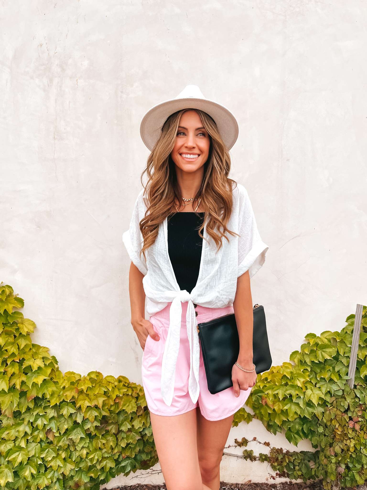 Summer outfit, vacation look.

www.livingbarelyblonde.com

#summeroutfit #sootd #casuallook #traveloutfit #pleatedshorts #pinkshorts #blackcami #whitehat #amazonfinds #blackclutch #daniaus #kristahor #cmcovi #barelyblonde #stylewithjen #jenniferxerin

#LTKunder100 #LTKtravel #LTKFind