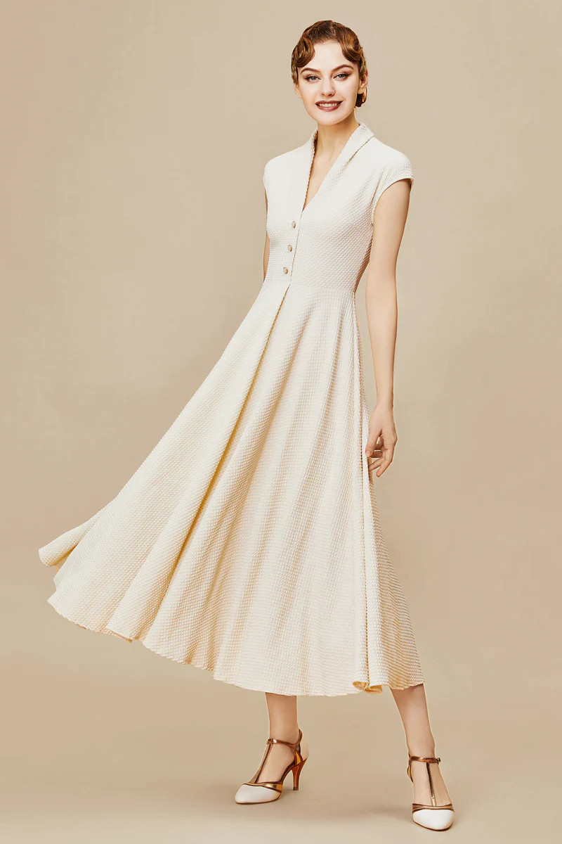 Shop 1920s Casual Dresses - Cap Sleeve V Neck Dress | BABEYOND | BABEYOND