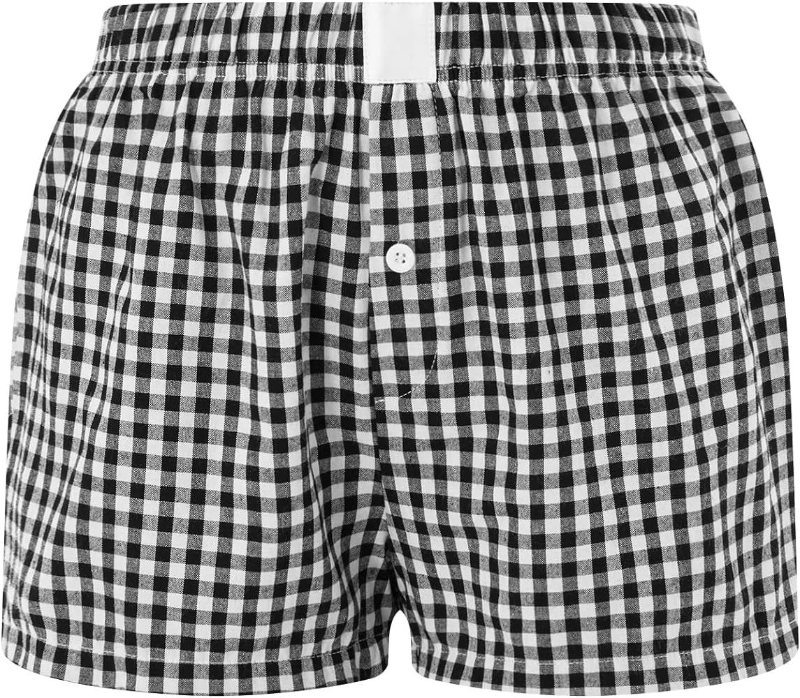 Y2K Boxer Shorts for Womens Low Waist Plaid Print Gingham Loose Fit Lounge Bottoms Pajama Sleep S... | Amazon (US)