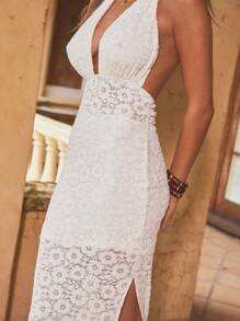 Aralina Halter Neck Textured Lace Backless Bodycon Maxi Dress Elegant Summer Vacation Wedding Gue... | SHEIN