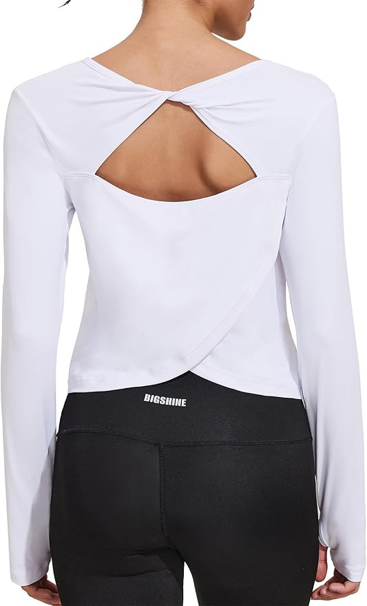 PINSPARK Workout Tops for Women Long Sleeve Gym Crop Top Open Back Yoga T Shirt with Thumb Hole L... | Amazon (US)