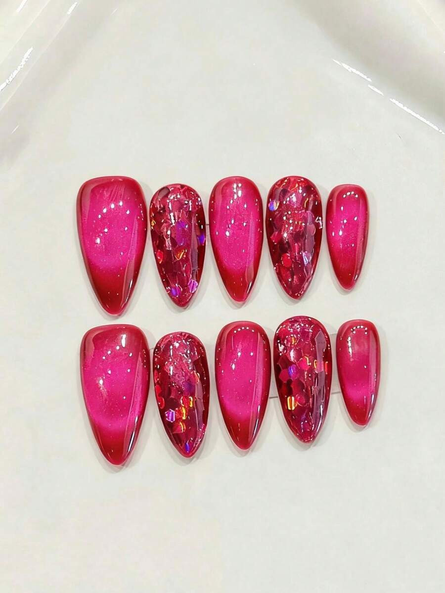 10PCS Almond Handemade Press On Nails For Party And Daily Wear ,Pink And White,White Nails,Almond... | SHEIN