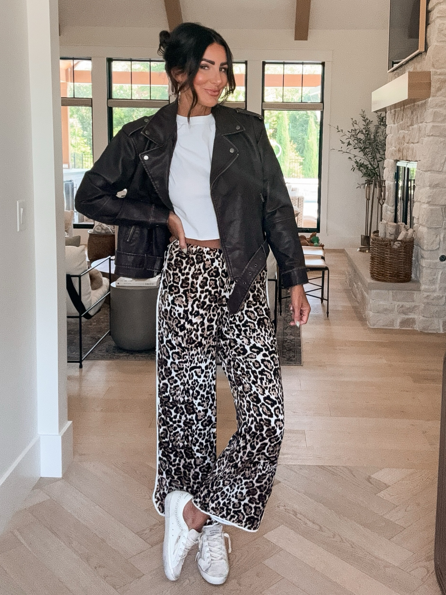 Leopard pants | how to style leopard pants | moto jacket | golden goose sneakers 
Small jacket - small pants 

#LTKFindsUnder50 #LTKFindsUnder100 #LTKStyleTip