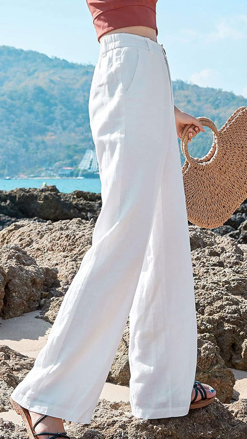 GGUHHU Women's Loose Fit Stretched High Waist Cotton Linen Wide Leg Long Beach Pants (Small, Whit... | Amazon (US)