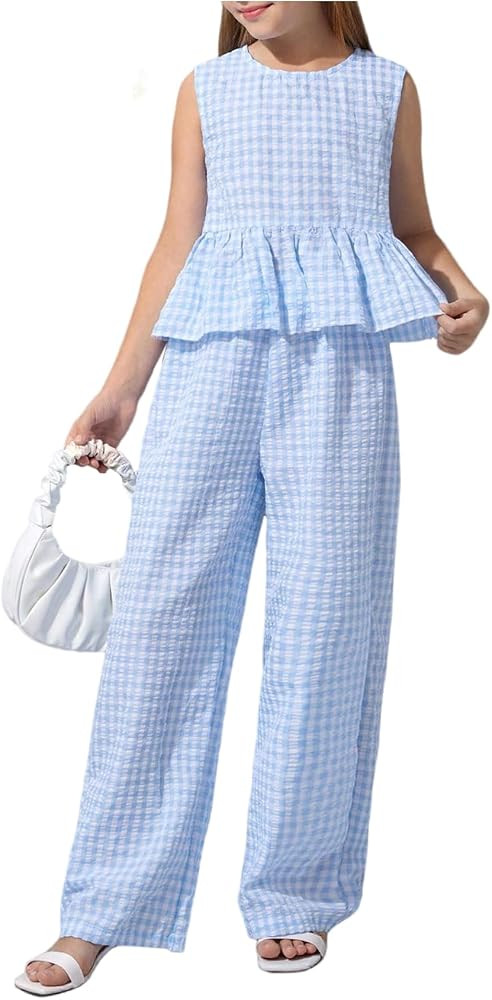 Floerns Girl's 2 Piece Vacation Outfit Gingham Ruffle Tank Peplum Top with Pants Set | Amazon (US)