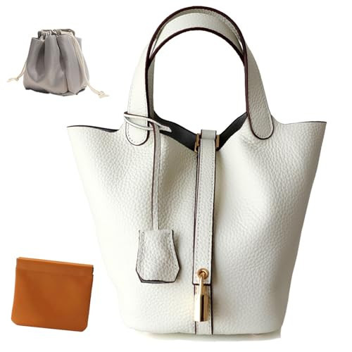 Genuine Leather Lock Design Bucket Bag Vegetable Basket, Fashionable and Versatile Shoulder Handbag (White) | Amazon (US)