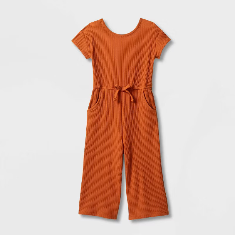 Toddler Girls' Solid Rib Short Sleeve Jumpsuit - Cat & Jack™ Brown | Target
