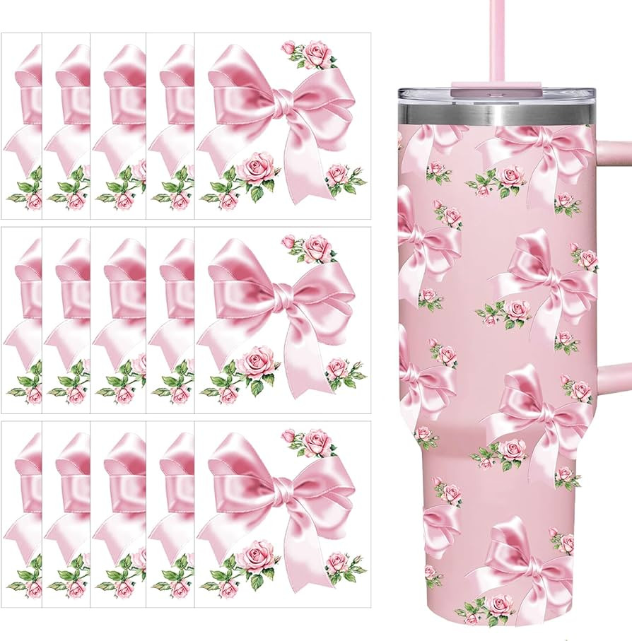 UV DTF Transfer Bow Stickers for Water Bottles,15 Sheets Pink Bow Rose Sticker for 40 OZ Love Sha... | Amazon (US)