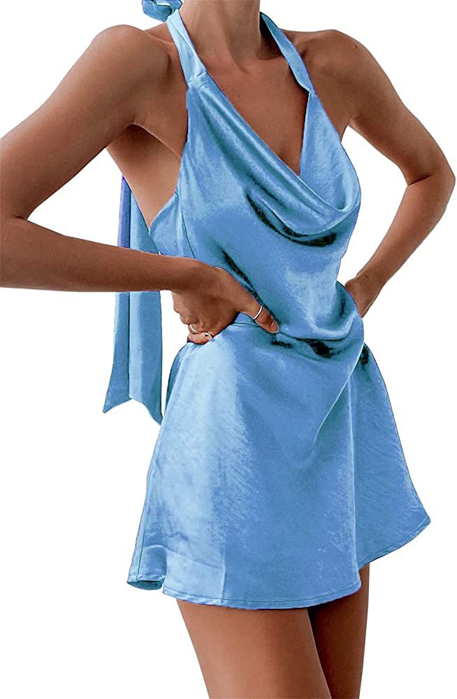Women's Cowl Neck Halterneck Slip On Backless Satin Mini Dress Sexy Silky Party Club Bodycon Dres... | Amazon (US)