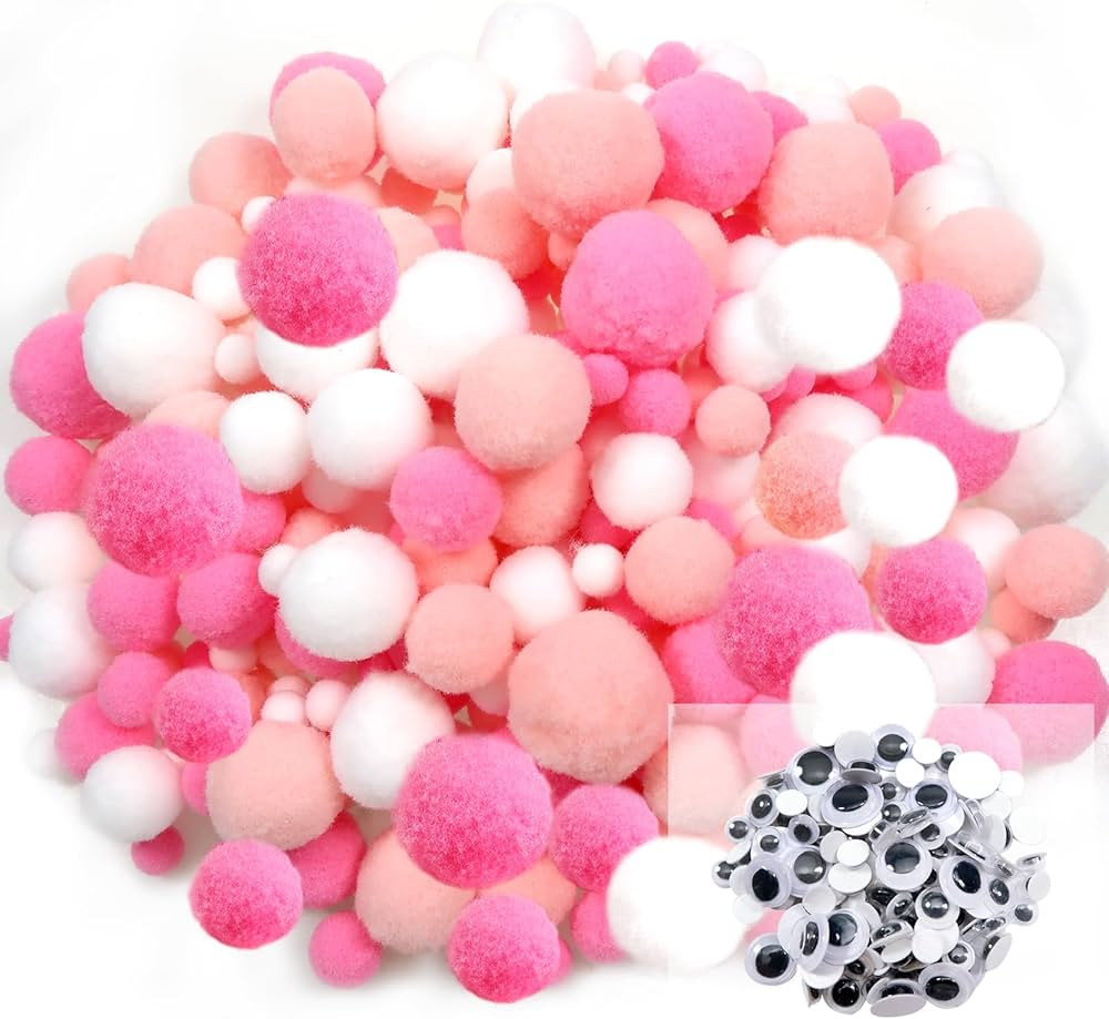 TOAOB 1300pcs White Pink Pompoms Assorted Sizes Arts and Crafts Pom Poms Balls with 100pieces Wig... | Amazon (US)