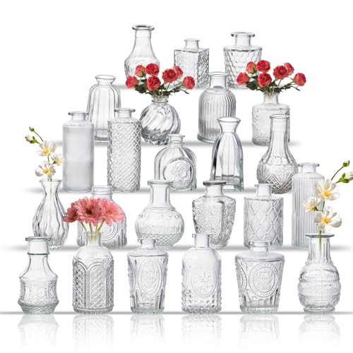 Glass Bud Vase Set of 24, Small Flower Vases, Glass Vases for Centerpieces, Vintage Home Table Decorations Bud Vases (24 Pcs, Clear) | Amazon (US)