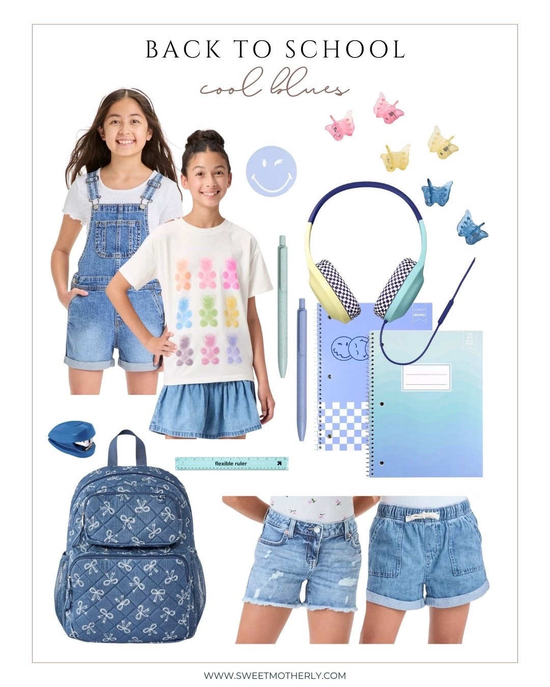 Denim overalls, blue notebooks, and colorful clips bring the cutest cool-toned back to school outfit and supplies.

#LTKKids #LTKFindsUnder50 #LTKFamily